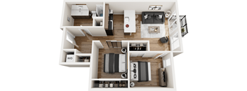 A top down view of a small apartment with a living room, kitchen, and bedroom.
