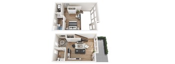 A floor plan of a two-story apartment with a living room, kitchen, and bathroom on the first floor and a bedroom with a balcony on the second floor.