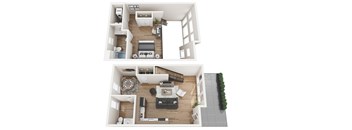 A top and bottom floor plan of a house with a living room, kitchen, and bathroom.