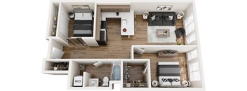 A top-down view of a modern apartment layout with a living room, kitchen, and bedrooms.