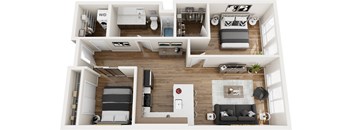 A top-down view of a modern apartment layout.