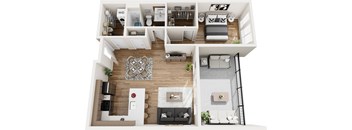 A 3D floor plan of a small apartment with a living room, kitchen, and bedrooms.