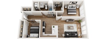 A top-down view of a modern apartment layout.