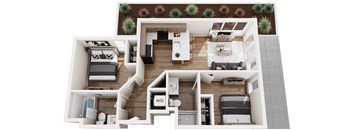 A top-down view of a small apartment layout with a living room, kitchen, and bedrooms.