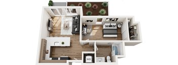 A top-down view of a modern apartment layout with a living room, kitchen, dining area, and bedrooms.