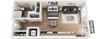 A top-down view of a modern apartment with two bedrooms, a living room, and a kitchen.
