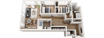 A top-down view of a modern apartment layout.