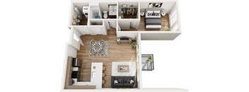 A top-down view of a modern apartment layout.