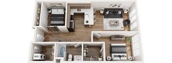 A top-down view of a well-organized apartment with a kitchen, living room, and bathroom.