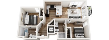A top-down view of a small apartment layout with a kitchen, living room, and bedrooms.