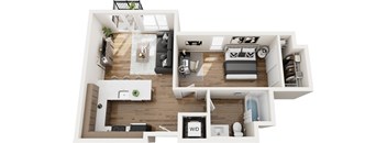 A top-down view of a modern apartment layout with labeled rooms.