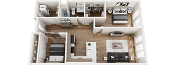 A top-down view of a modern apartment layout with a living room, kitchen, and bedroom.