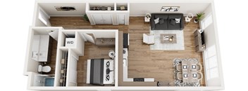 A top-down view of a well-organized apartment with a living room, kitchen, and bedroom.