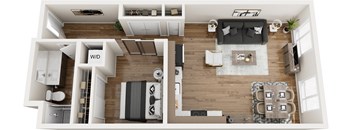 A top-down view of a modern apartment layout with a living room, kitchen, and bedrooms.
