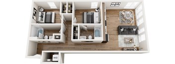 A 3D floor plan of a small apartment with a living room, kitchen, and bedrooms.