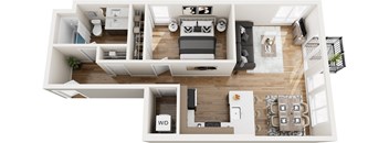 A floor plan of a two-bedroom apartment with a living room, kitchen, and bathroom.