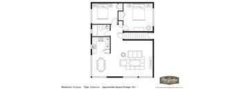 A black and white floor plan of a two bedroom residence.