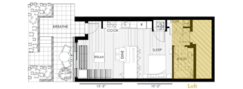 A floor plan of a loft apartment with a sleeping area, a dining area, a kitchen, a cooking area, a relaxation area, and a bathroom.
