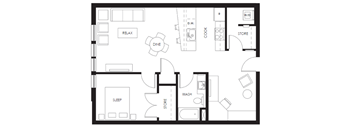 A floor plan of a house with a dining area, a sleeping area, a washing area, a cooking area, a store area, a relax area, and a bathroom.