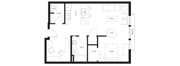 A floor plan of a house with labeled rooms such as "STORE", "COOK", "DINK", "SLEEP", and "RELAX".