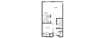 A black and white image of a floor plan for a living space.