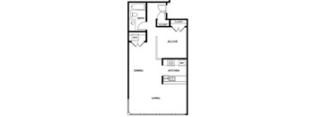 A floor plan of a living space with a kitchen, dining area, and bathroom.