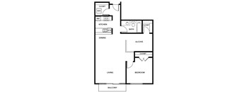 A black and white image of a floor plan for a small apartment.