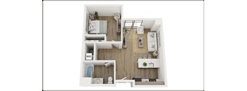 A top-down view of a small, neatly organized apartment with a bedroom, bathroom, and kitchen.