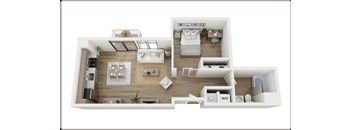A white floor plan of a house with a kitchen, living room, and bedrooms.