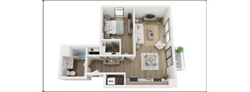 A top-down view of a house layout with a kitchen, living room, and bedrooms.
