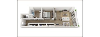 A top-down view of a well-organized apartment with a kitchen, living room, and bedroom.