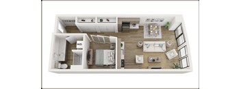A top-down view of a modern apartment layout with a living room, kitchen, and two bedrooms.