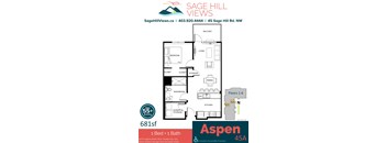 A floor plan for a 1 bedroom, 1 bathroom apartment in Sage Hill.