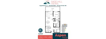 A floor plan for a 629 square foot home with one bedroom, one bathroom, and one flex room.