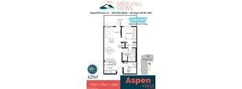 A floor plan for a 629 square foot apartment with one bed, one flex room, and one bath.