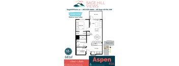 A floor plan for a 1 bedroom, 1 bathroom apartment in Sage Hill Views.