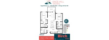 A floor plan for a 905 square foot Sage Hill Views property with 2 bedrooms, 1 bathroom, and 1 flex room.