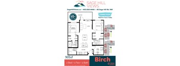 A floor plan for a 905 square foot Sage Hill Views property with two bedrooms, one bathroom, and one flex room.
