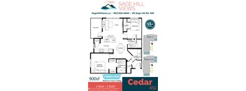 A floor plan for a 900 square foot Sage Hill Views apartment with two bedrooms and two bathrooms.