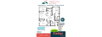 A floor plan for a 900 square foot home with two bedrooms and two bathrooms.