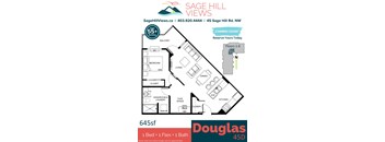 A floor plan for a 645 square foot home with one bedroom, one bathroom, and one flex space.