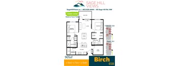 A floor plan for a 905 square foot home with two bedrooms and one bath.