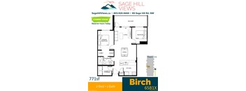 A floor plan for a 2 bedroom + 1 bath house.