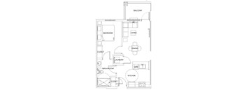A floor plan of an apartment with a bedroom, living room, dining room, kitchen, laundry, and bathroom.