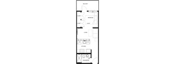A floor plan of an apartment with a balcony, bedroom, living room, kitchen, and bathroom.