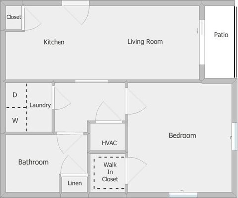 A floor plan of a home with a kitchen, living room, patio, bedroom, bathroom, and laundry room.