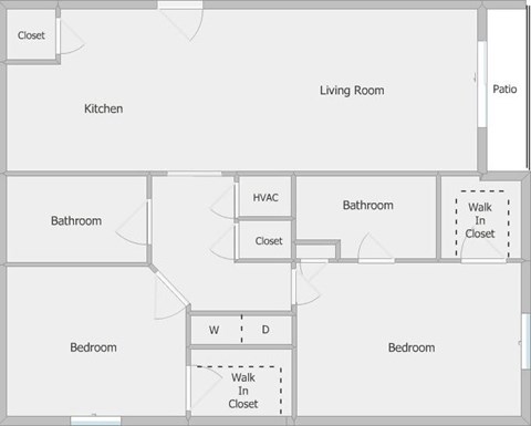 A floor plan of a house with two bedrooms, a living room, a kitchen, a bathroom, and a patio.