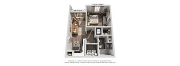 A 3D floor plan of a small apartment with a kitchen, living room, and bathroom.
