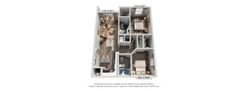 A 3D floor plan of a house with a living room, kitchen, dining room, and two bedrooms.