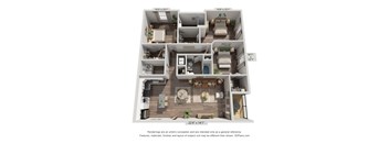 A 3D floor plan of a house with a living room, kitchen, and two bedrooms.